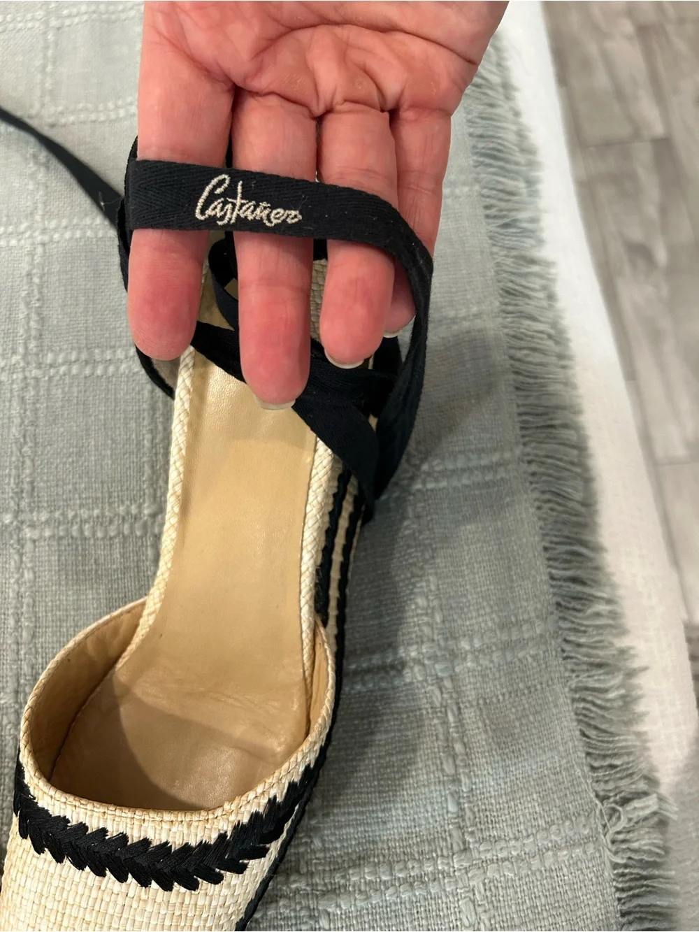 Castaner Natural Straw Espadrille Wedges with Black Accents and Ankle Ties